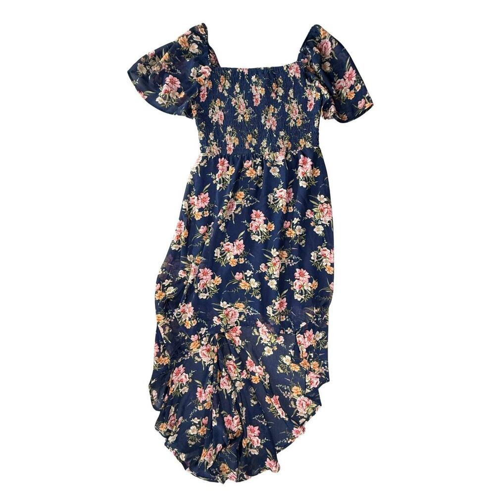 As U Wish Juniors Medium Blue Floral Smocked High-Low Chiffon Dress